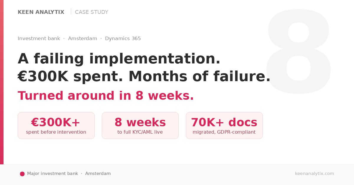 Keen Analytix case study: Dynamics 365 rescue at a major investment bank in Amsterdam.